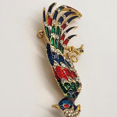 LOT 103:: Huge Goldtone Bird Of Paradise Brooch Pin Rhinestones Enamel Red Blue Green