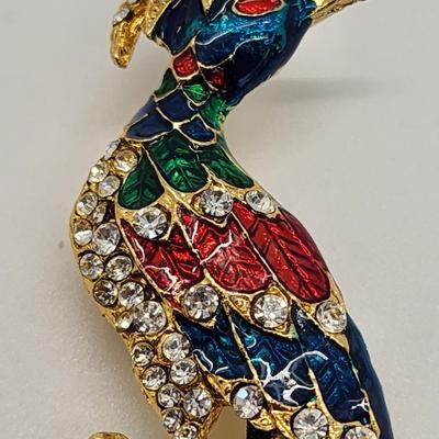 LOT 103:: Huge Goldtone Bird Of Paradise Brooch Pin Rhinestones Enamel Red Blue Green