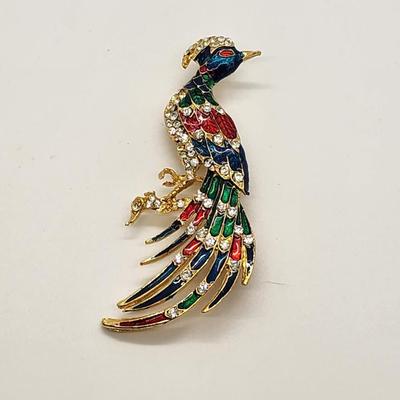 LOT 103:: Huge Goldtone Bird Of Paradise Brooch Pin Rhinestones Enamel Red Blue Green