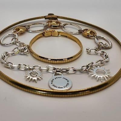 LOT 104:: Vintage 18" L Goldtone Collar Necklace and 7" L Bracelet Set and 2 more bracelets
