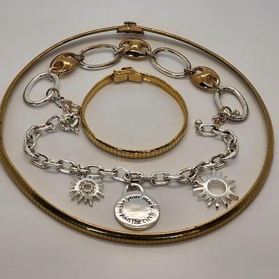 LOT 104:: Vintage 18" L Goldtone Collar Necklace and 7" L Bracelet Set and 2 more bracelets