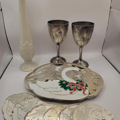 LOT:: 120 WM Roger's Xmas Swan Trivet w/Coasters & 2 international silver Co Goblets & Lenox Bud Vase