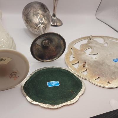 LOT:: 120 WM Roger's Xmas Swan Trivet w/Coasters & 2 international silver Co Goblets & Lenox Bud Vase