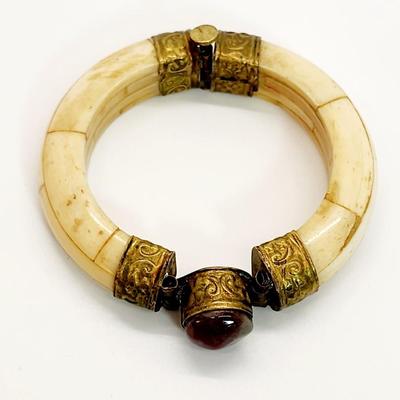 LOT 126:: Vintage Bone & Brass Bohemian Bracelet. Made in India in 1950’s, Genuine Stone.