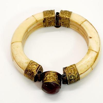 LOT 126:: Vintage Bone & Brass Bohemian Bracelet. Made in India in 1950’s, Genuine Stone.