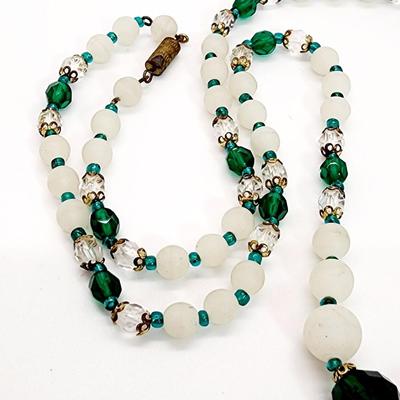 LOT 127:: Vintage Frosted Glass and Crystal Beaded Necklace 26"L and Malachite Nuggets 32"L strand