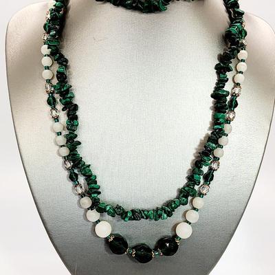 LOT 127:: Vintage Frosted Glass and Crystal Beaded Necklace 26"L and Malachite Nuggets 32"L strand