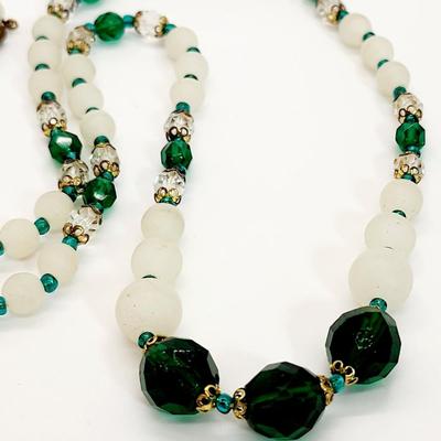 LOT 127:: Vintage Frosted Glass and Crystal Beaded Necklace 26"L and Malachite Nuggets 32"L strand
