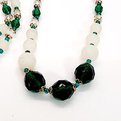 LOT 127:: Vintage Frosted Glass and Crystal Beaded Necklace 26"L and Malachite Nuggets 32"L strand