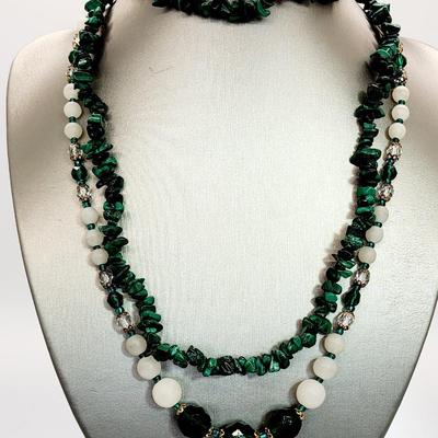 LOT 127:: Vintage Frosted Glass and Crystal Beaded Necklace 26"L and Malachite Nuggets 32"L strand