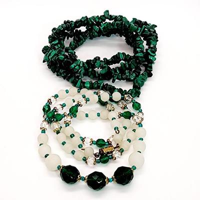 LOT 127:: Vintage Frosted Glass and Crystal Beaded Necklace 26"L and Malachite Nuggets 32"L strand