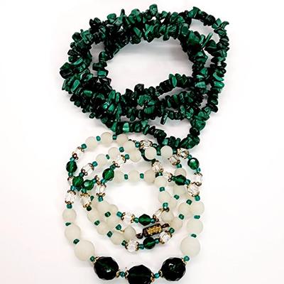 LOT 127:: Vintage Frosted Glass and Crystal Beaded Necklace 26"L and Malachite Nuggets 32"L strand