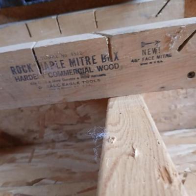 Two levels a hammer, mitre box and a Vintage Stanley Rasp
