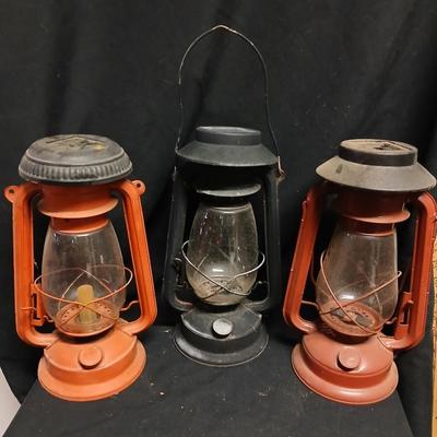 Three Vintage kerosene lantern adapted to be solar