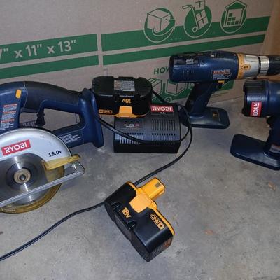 Ryobi Power tool set, with 2 batteries and charger, Drill, flashlight, and circular saw