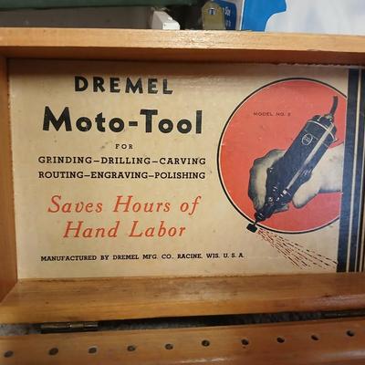 Black & Decker Drill and vintage Dremel tool with original wooden storage box and an Air brush