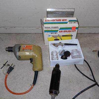 Black & Decker Drill and vintage Dremel tool with original wooden storage box and an Air brush