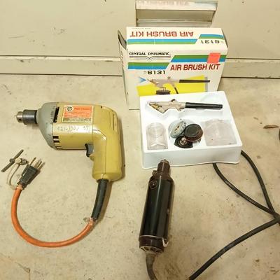 Black & Decker Drill and vintage Dremel tool with original wooden storage box and an Air brush
