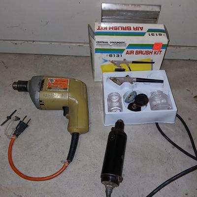 Black & Decker Drill and vintage Dremel tool with original wooden storage box and an Air brush