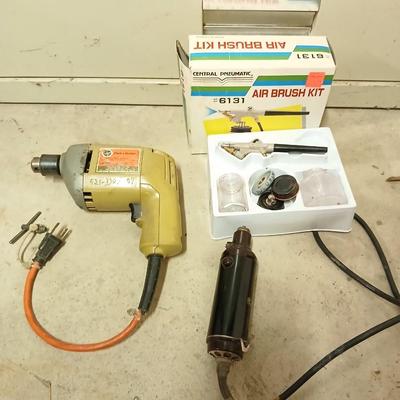 Black & Decker Drill and vintage Dremel tool with original wooden storage box and an Air brush