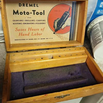 Black & Decker Drill and vintage Dremel tool with original wooden storage box and an Air brush
