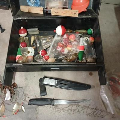 Vintage My buddy Tacklemaster tacklebox with contents and knife in sheath