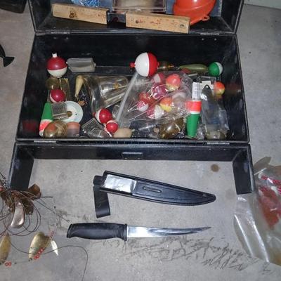 Vintage My buddy Tacklemaster tacklebox with contents and knife in sheath