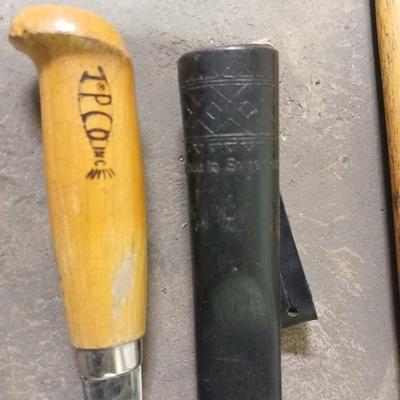 Axe with vintage wood handled filet knife -