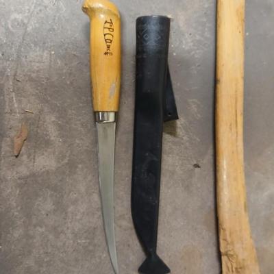 Axe with vintage wood handled filet knife -