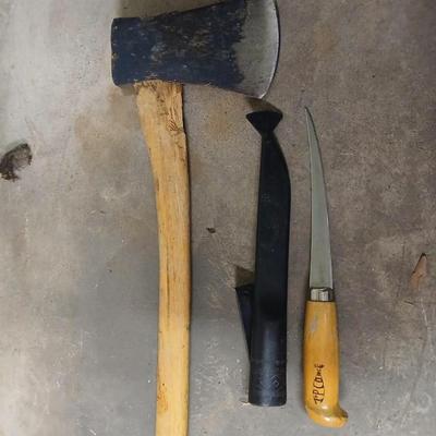 Axe with vintage wood handled filet knife -