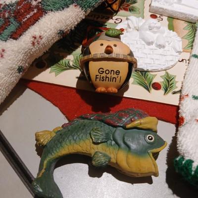 Christmas decorations - Fishing Santa - Fish in ornaments - vintage albums - Gnome - sleigh and more