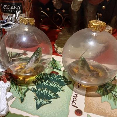 Christmas decorations - Fishing Santa - Fish in ornaments - vintage albums - Gnome - sleigh and more