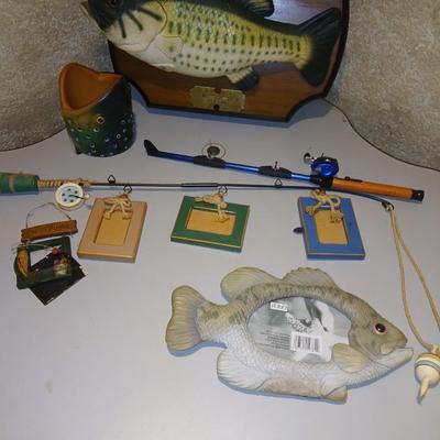 Fisherman's Decor - photo frames - working lighter fishing pole - and Funny Best catch flopping talking fish