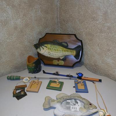 Fisherman's Decor - photo frames - working lighter fishing pole - and Funny Best catch flopping talking fish