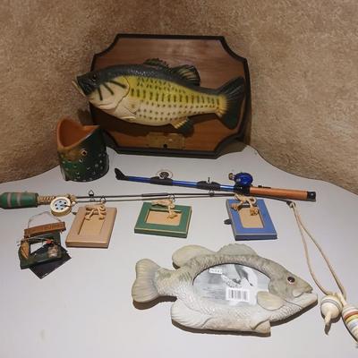 Fisherman's Decor - photo frames - working lighter fishing pole - and Funny Best catch flopping talking fish