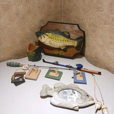 Fisherman's Decor - photo frames - working lighter fishing pole - and Funny Best catch flopping talking fish