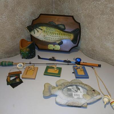 Fisherman's Decor - photo frames - working lighter fishing pole - and Funny Best catch flopping talking fish