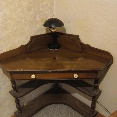 Adorable, nice vintage wooden corner desk with chair and touch lamp