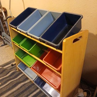 Wooden rack plastic bin toy storage unit