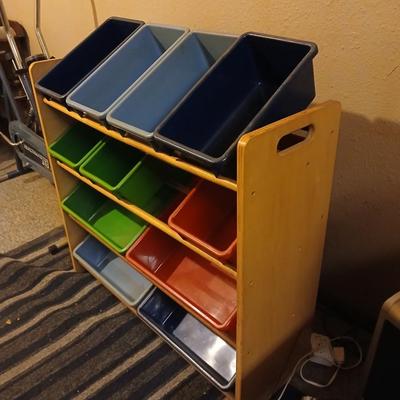 Wooden rack plastic bin toy storage unit