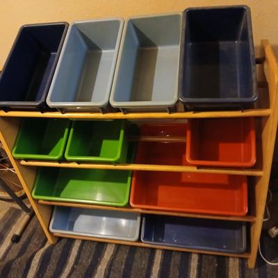 Wooden rack plastic bin toy storage unit