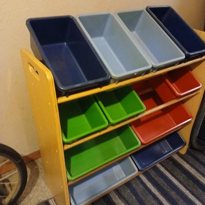 Wooden rack plastic bin toy storage unit