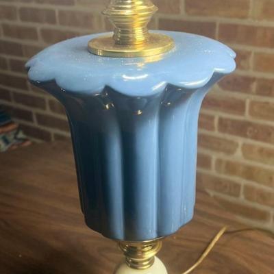 Pair of Vintage Blue Ceramic Table Lamps with Brass & Onyx Base