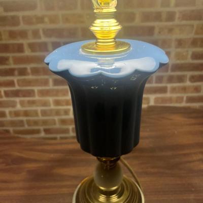 Pair of Vintage Blue Ceramic Table Lamps with Brass & Onyx Base