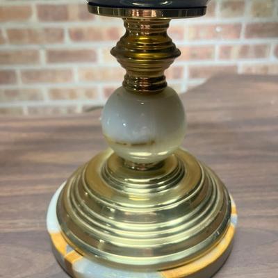 Pair of Vintage Blue Ceramic Table Lamps with Brass & Onyx Base