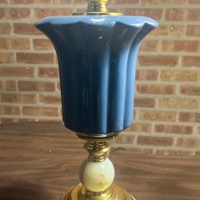 Pair of Vintage Blue Ceramic Table Lamps with Brass & Onyx Base