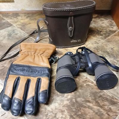 Vintage Jason commander 10x 50 Binoculars, a nice digital screen Nikon one touch 35 mm camera and a pair of gloves