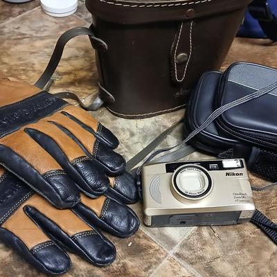 Vintage Jason commander 10x 50 Binoculars, a nice digital screen Nikon one touch 35 mm camera and a pair of gloves