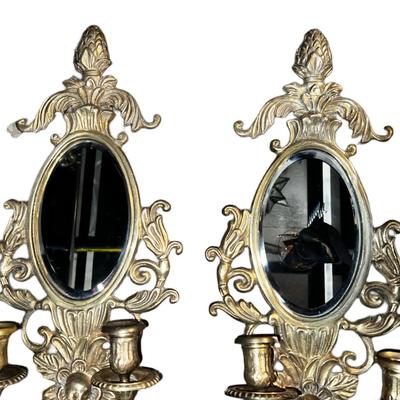 Solid Brass Art Nouveau Mirrored Sconces with Candleholders, c. 1920 - Set of 2