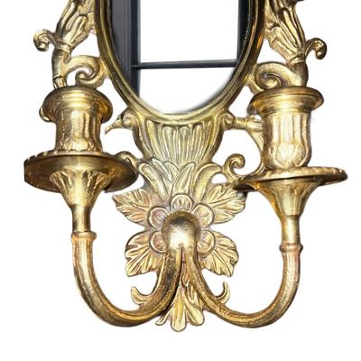 Solid Brass Art Nouveau Mirrored Sconces with Candleholders, c. 1920 - Set of 2